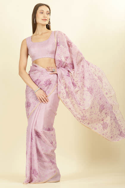 Lavender Floral Resham Embroidered Cotton Saree