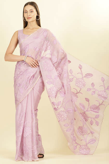Lavender Cotton Floral Resham Embroidered Saree