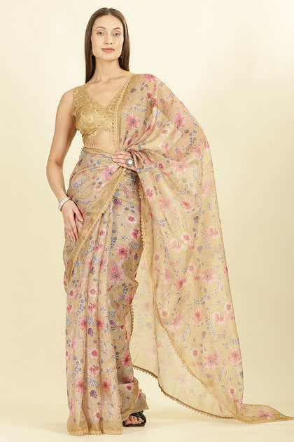 Light Mustard Organza Floral Printed And Lace Work Saree