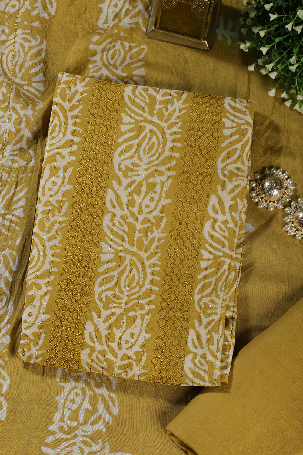 Mustard Cotton Printed And Resham Embroidered Unstitched Suit Material
