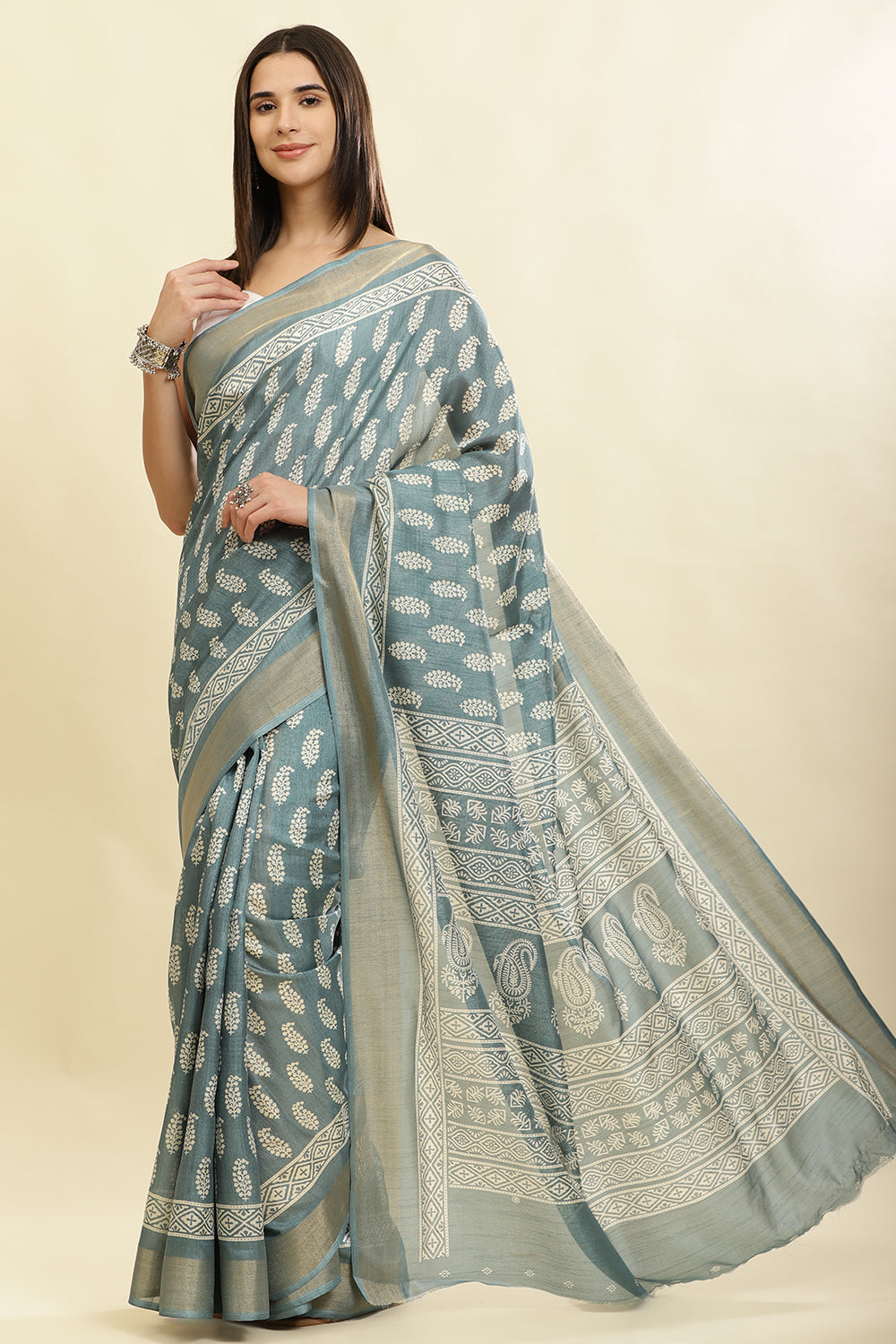 Firozi Color Cotton Silk Boota Printed And Zari Woven Saree