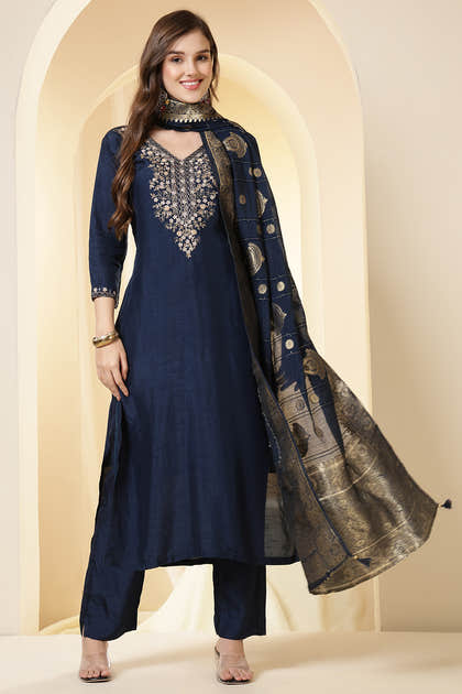 Wine Color Silk Suit Set With Neck Embroidered