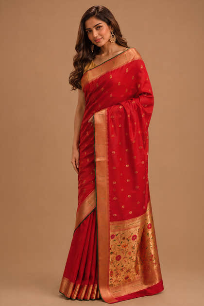 Carmine Color South Silk Paithani Work Saree