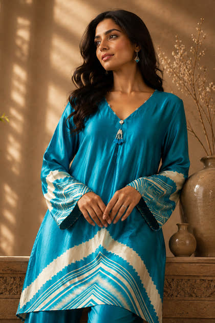 Dark Teal Mulberry Silk Printed Kurta Set