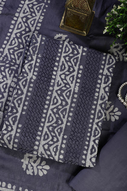 Grey Cotton Printed And Resham Embroidered Unstitched Suit Material