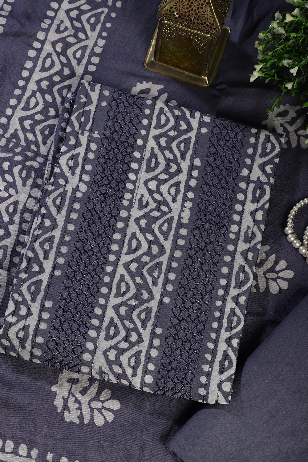 Grey Cotton Printed And Resham Embroidered Unstitched Suit Material