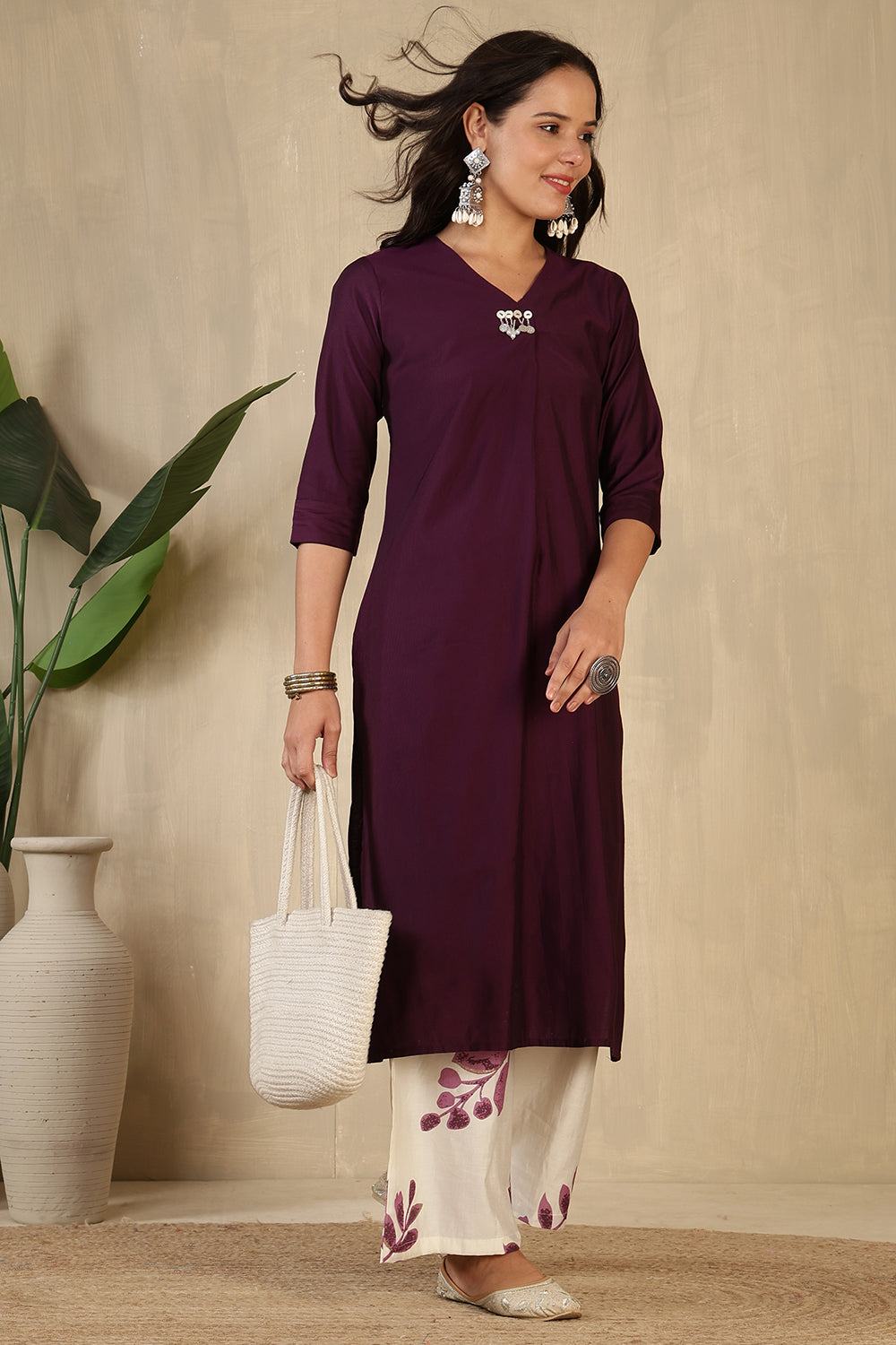 Wine Chanderi Cotton Kurta Set