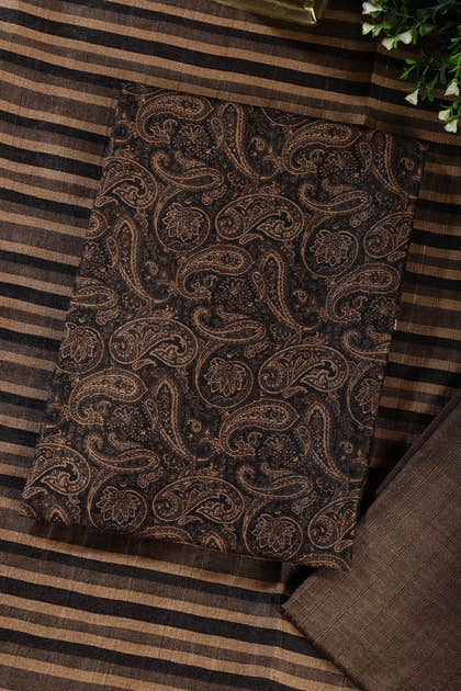 Pale Brown & Black Digital Printed Chanderi Cotton Unstiched Suit Material