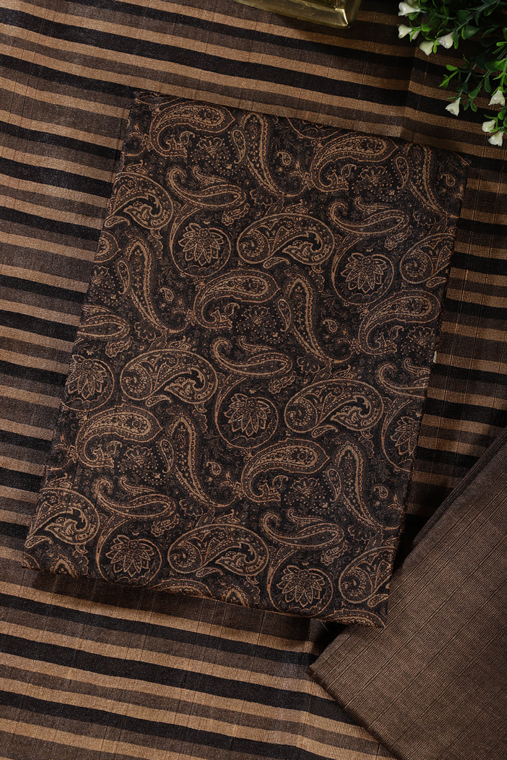 Pale Brown & Black Digital Printed Chanderi Cotton Unstiched Suit Material