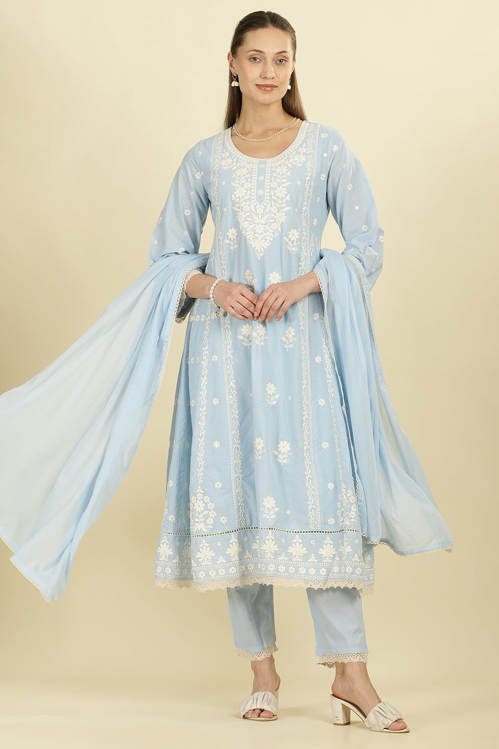 Light Blue Cotton Resham Floral Embroidered Anarkali Suit Set