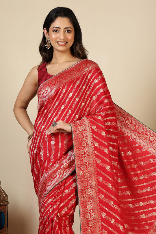 Red Color Banarasi Woven Tussar Silk Saree