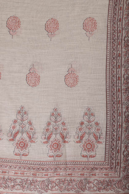 Beige & Peach Floral Printed Unstitched Suit Fabric