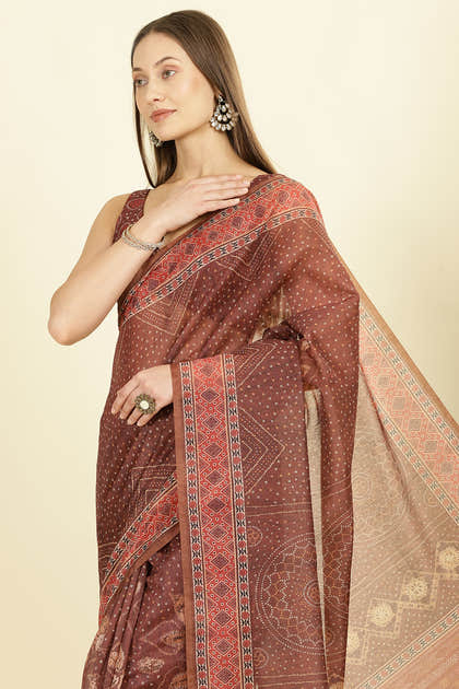 Brown Organza Cotton Bandhani Block Printed Saree