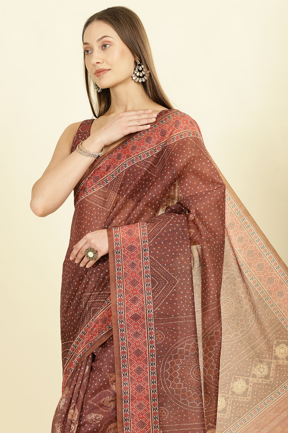 Brown Organza Cotton Bandhani Block Printed Saree