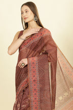 Brown Organza Cotton Bandhani Block Printed Saree