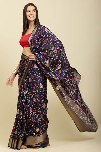 Navy Cotton Silk Printed Saree