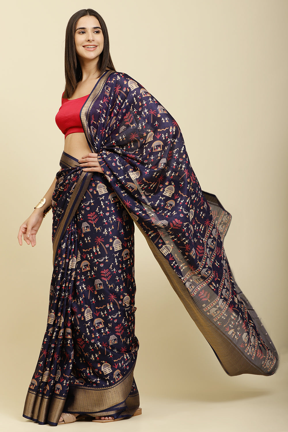 Navy Cotton Silk Printed Saree