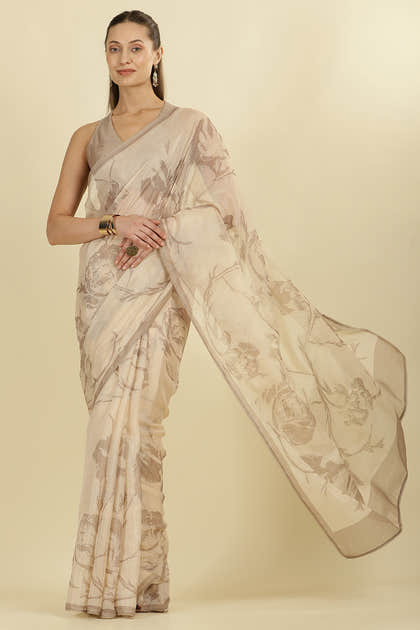 Beige Floral Zari Taar Embroidered Kota Cotton Saree