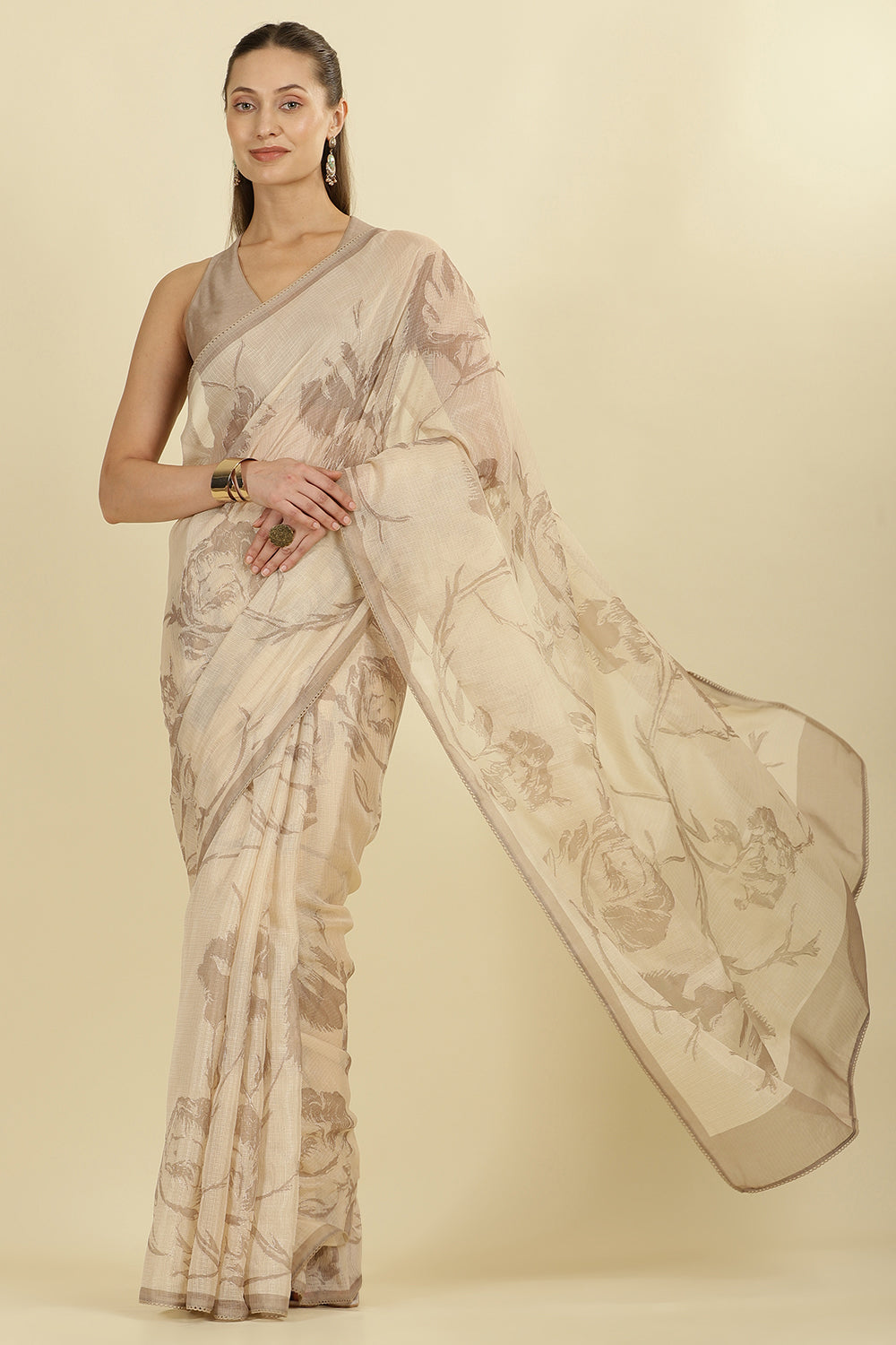 Beige Floral Zari Taar Embroidered Kota Cotton Saree