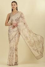 Beige Floral Zari Taar Embroidered Kota Cotton Saree