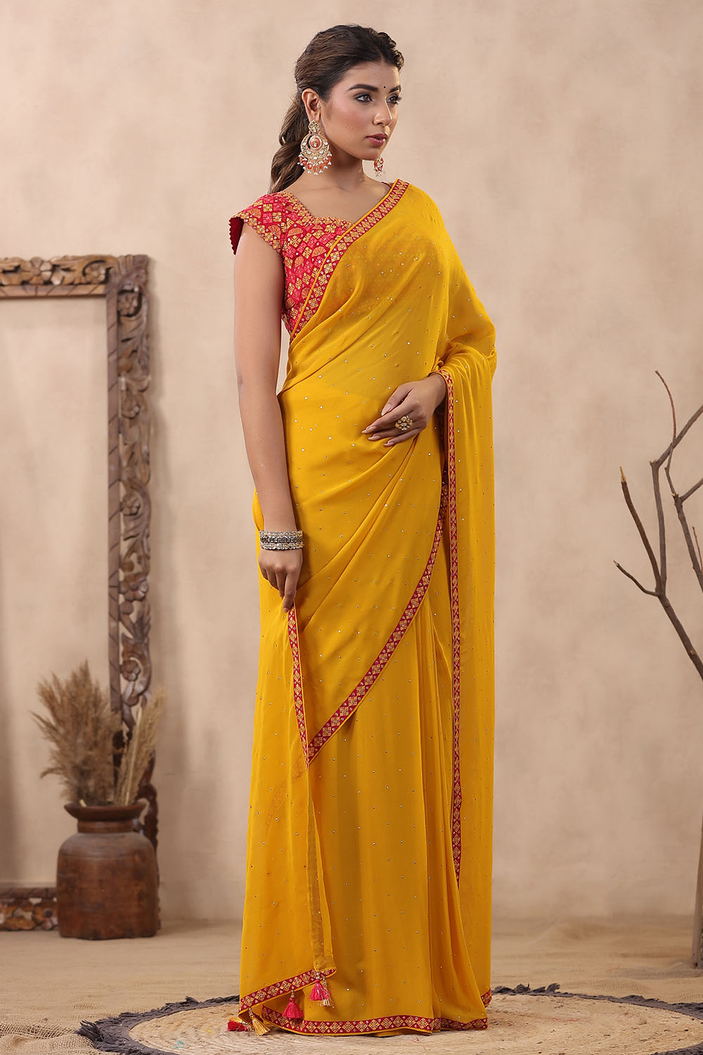 Mustard Color Mukesh Work Georgette Saree With Readymade Blouse