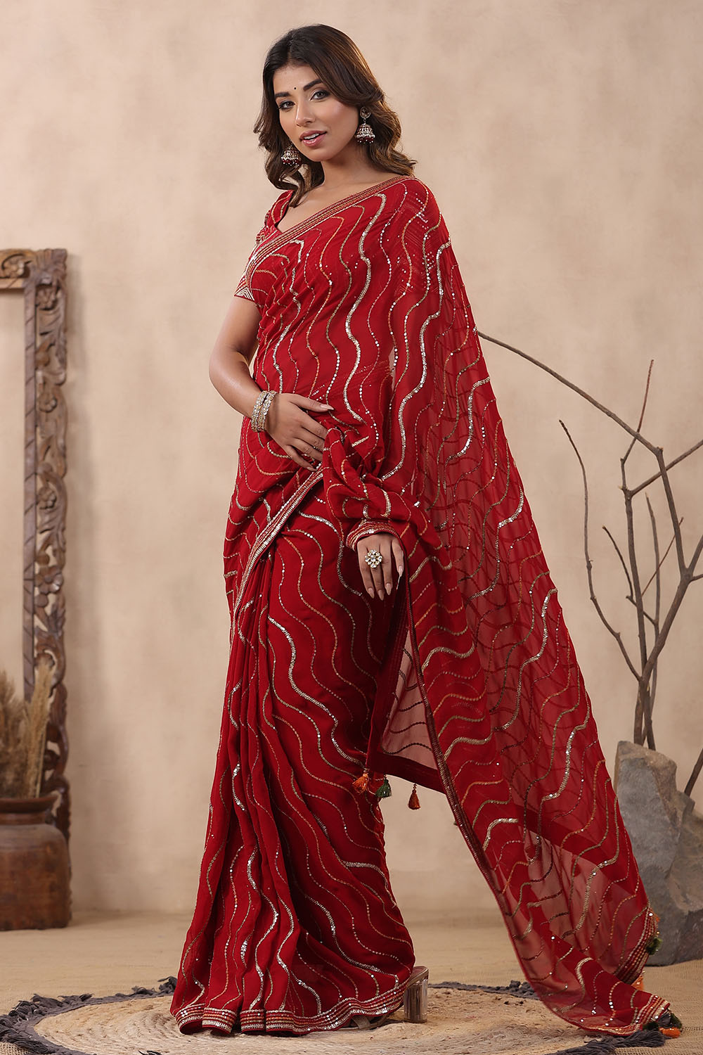 Maroon Color Embroidered Georgette Saree