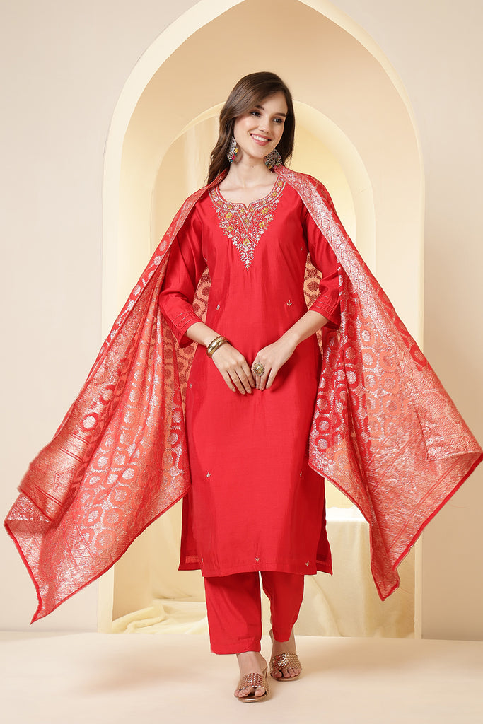 Red Color Silk Neck Embroidered Suit Set