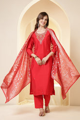 Red Color Silk Neck Embroidered Suit Set