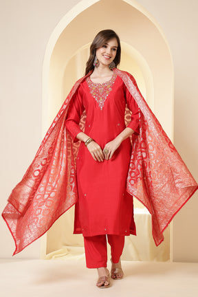 Red Color Silk Neck Embroidered Suit Set