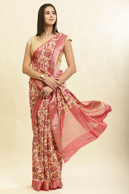 Beige & Pink Cotton Silk Floral Printed Saree