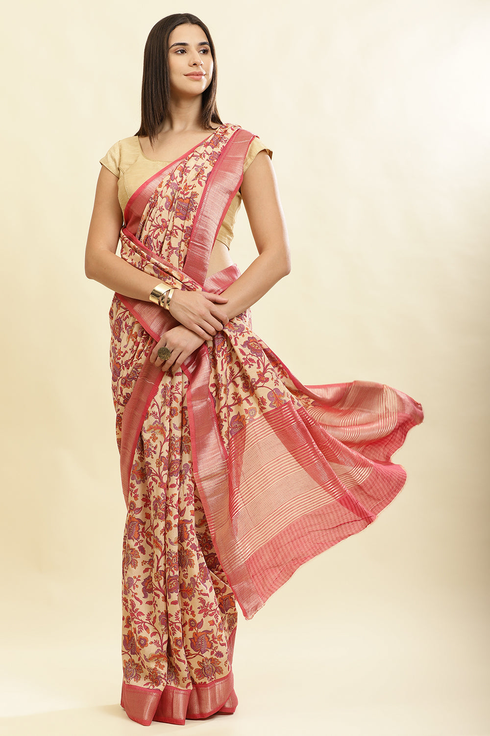 Beige & Pink Cotton Silk Floral Printed Saree