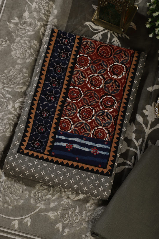 Greyish Green Printed and Mirror Work Cotton Unstitched Suit Material