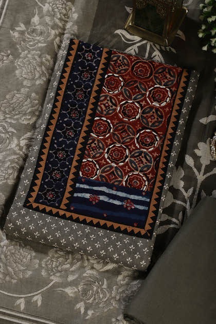 Greyish Green Printed and Mirror Work Cotton Unstitched Suit Material