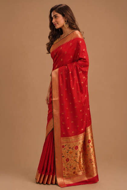 Carmine Color South Silk Paithani Work Saree