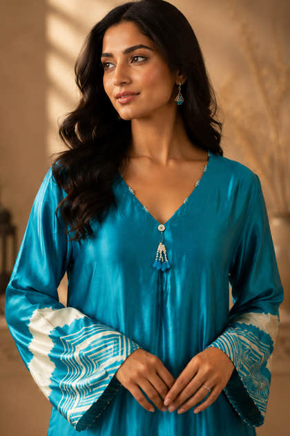 Dark Teal Mulberry Silk Printed Kurta Set