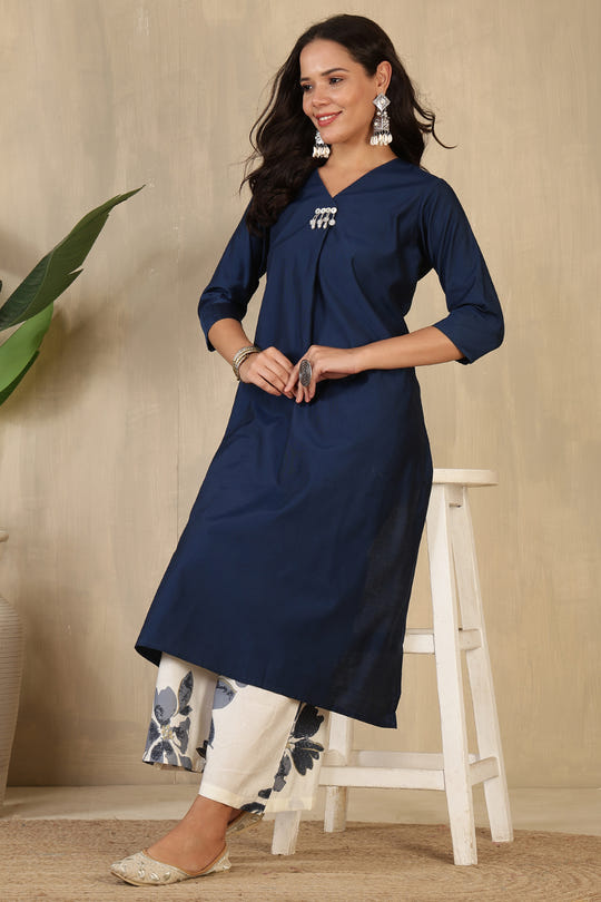 Navy Chanderi Cotton Kurta Set