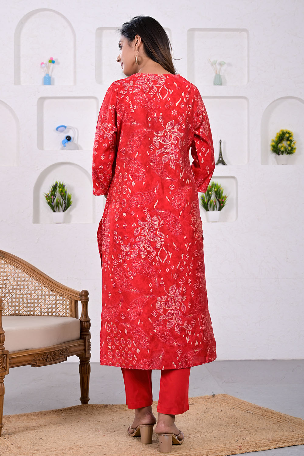 Red Color Muslin Printed & Neck Embroidered Suit