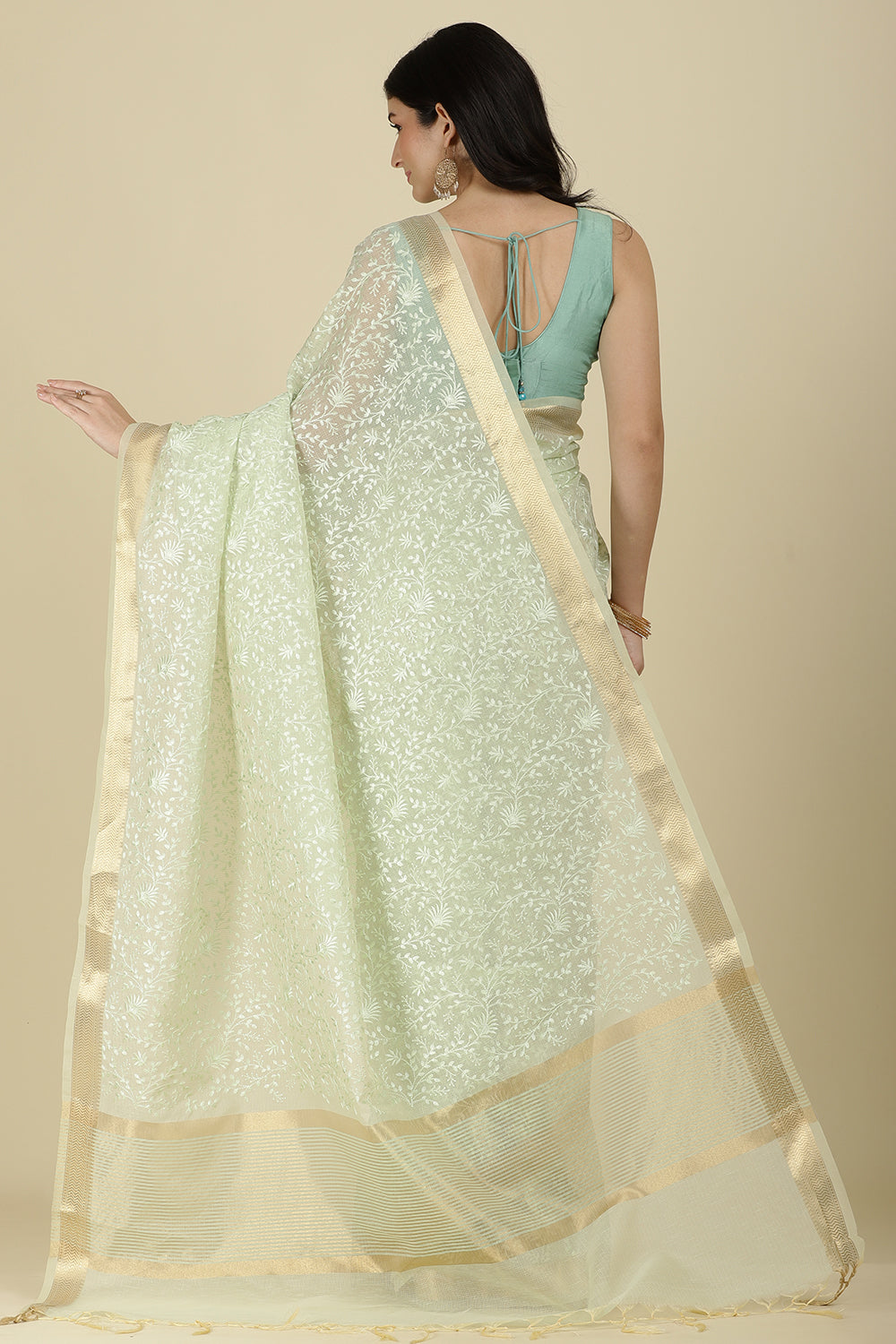 Pista Green Kota Cotton Floral Resham Woven Saree