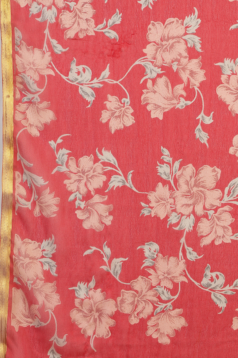 Red Chiffon Zari Border & Floral Printed Saree