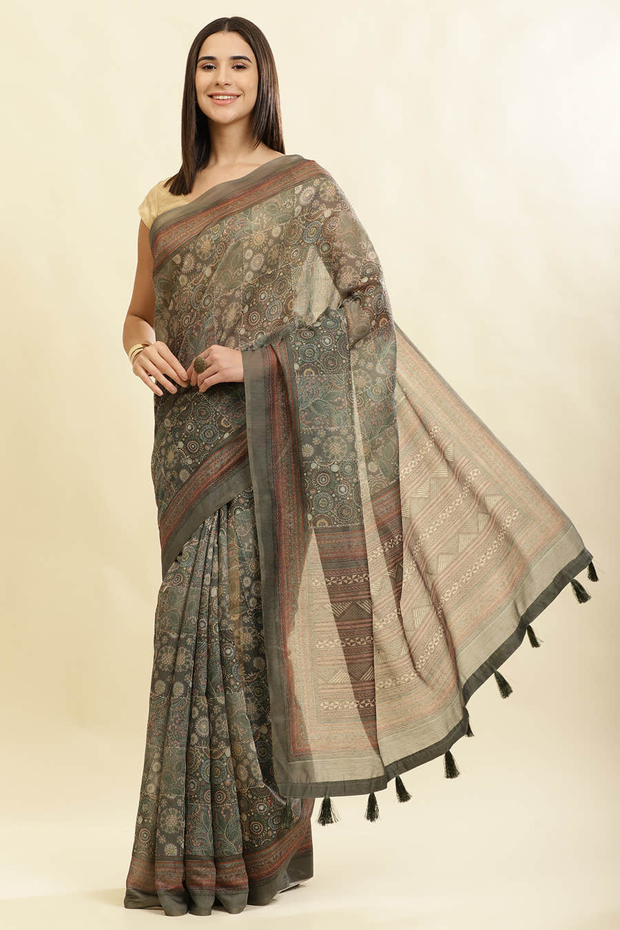 Sage Green Cotton Silk Printed Saree