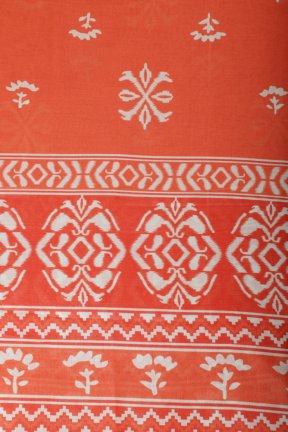 Orange Floral Block Print Cotton Unstitched Suit Fabric