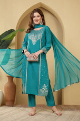 Turquoise Color Cotton Silk Printed & Neck Embroidered Suit