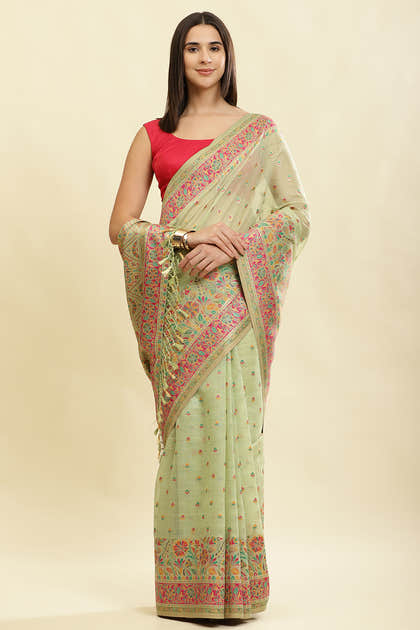 Pista Green Chanderi Cotton kashida Weaves Saree