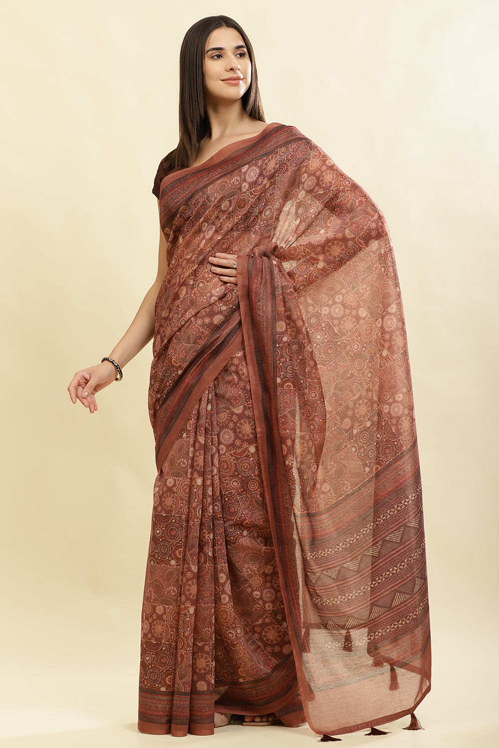 Brown Cotton Silk Printed Saree