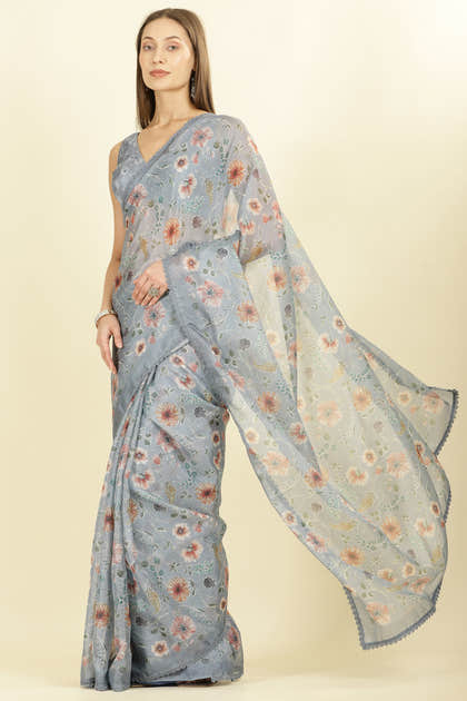 Grey Organza Floral Printed And Lace Work Saree