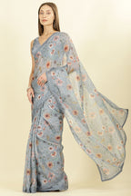 Grey Organza Floral Printed And Lace Work Saree