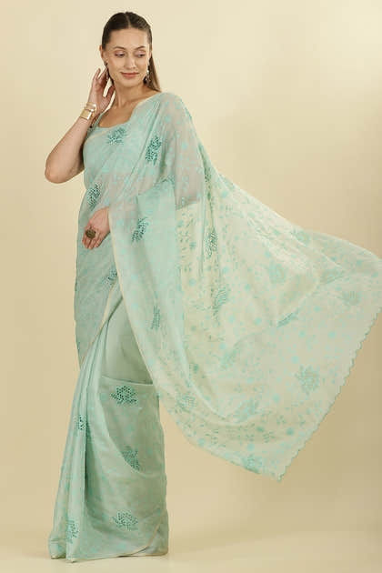 Turquoise Floral Resham Embroidered Cotton Saree