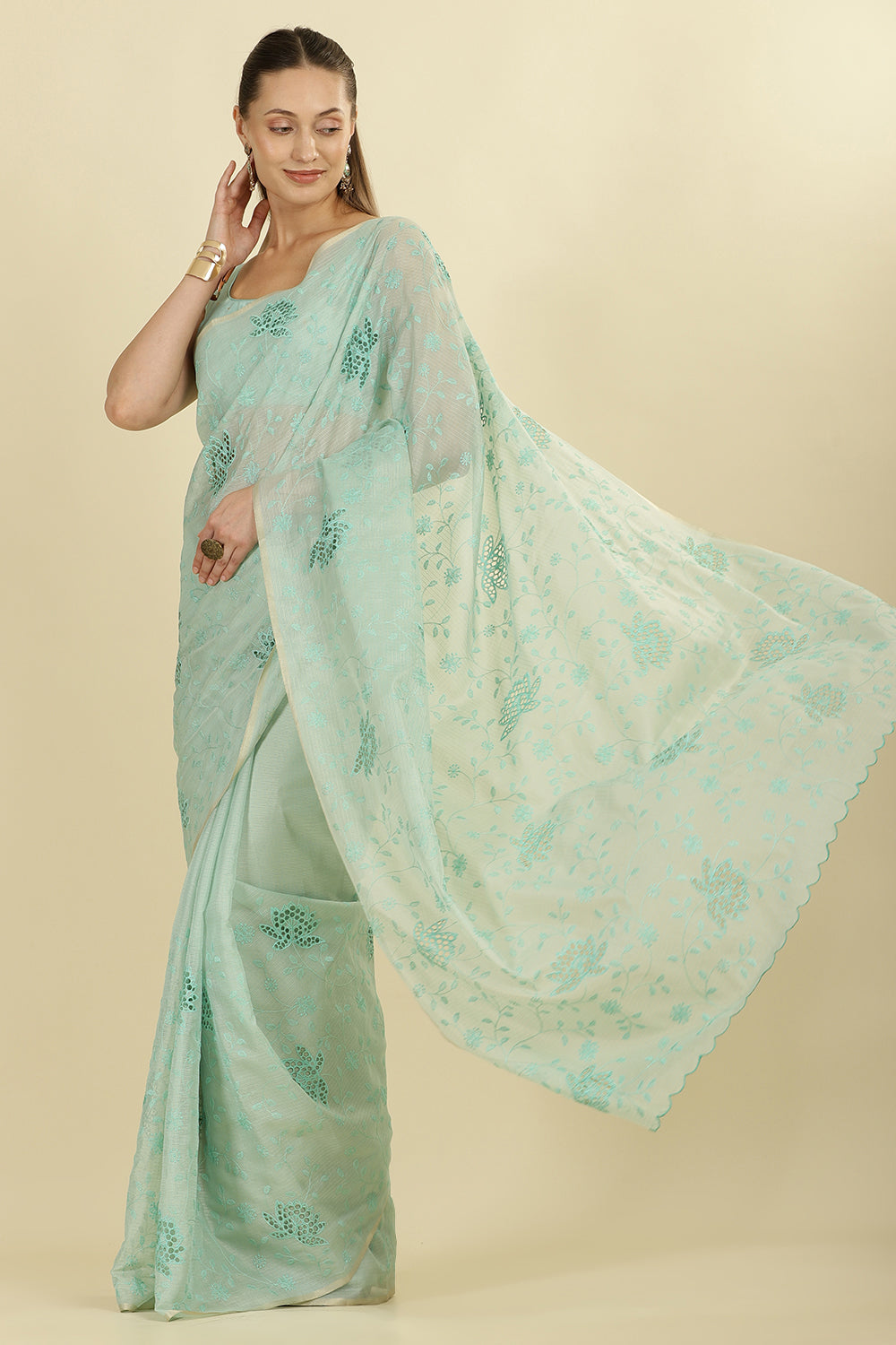 Turquoise Floral Resham Embroidered Cotton Saree