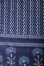 White And Blue Cotton Floral Block Print & Zari Border Unstitched Suit Material