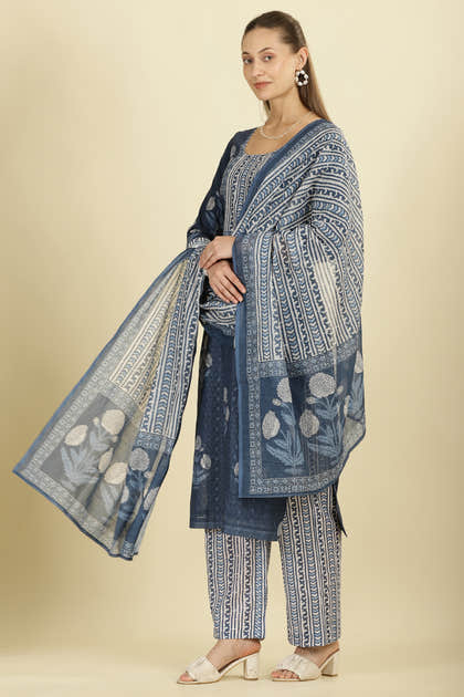 Blue Cotton Hacoba Style Printed Unstitched Suit Material